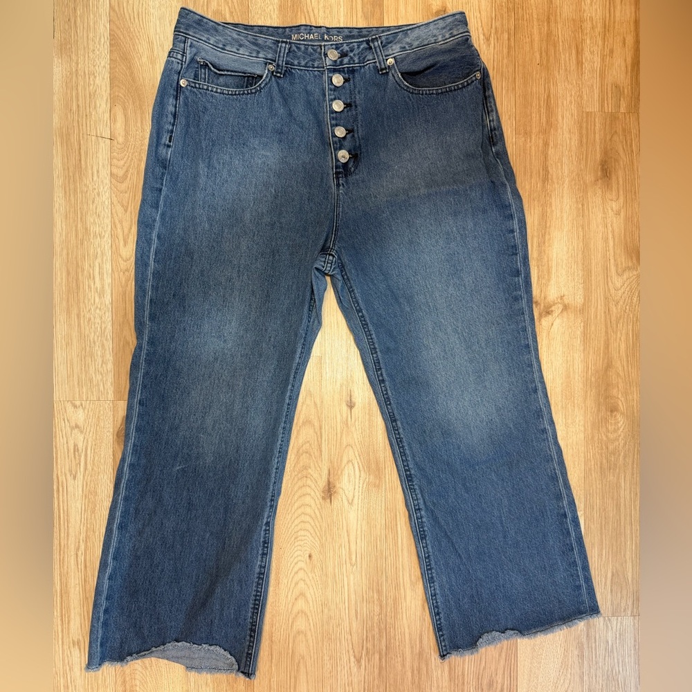 MICHAEL Michael Kors Women’s Blue Flared Frayed-Hem Cropped Jeans Size 12 - Picture 2 of 10